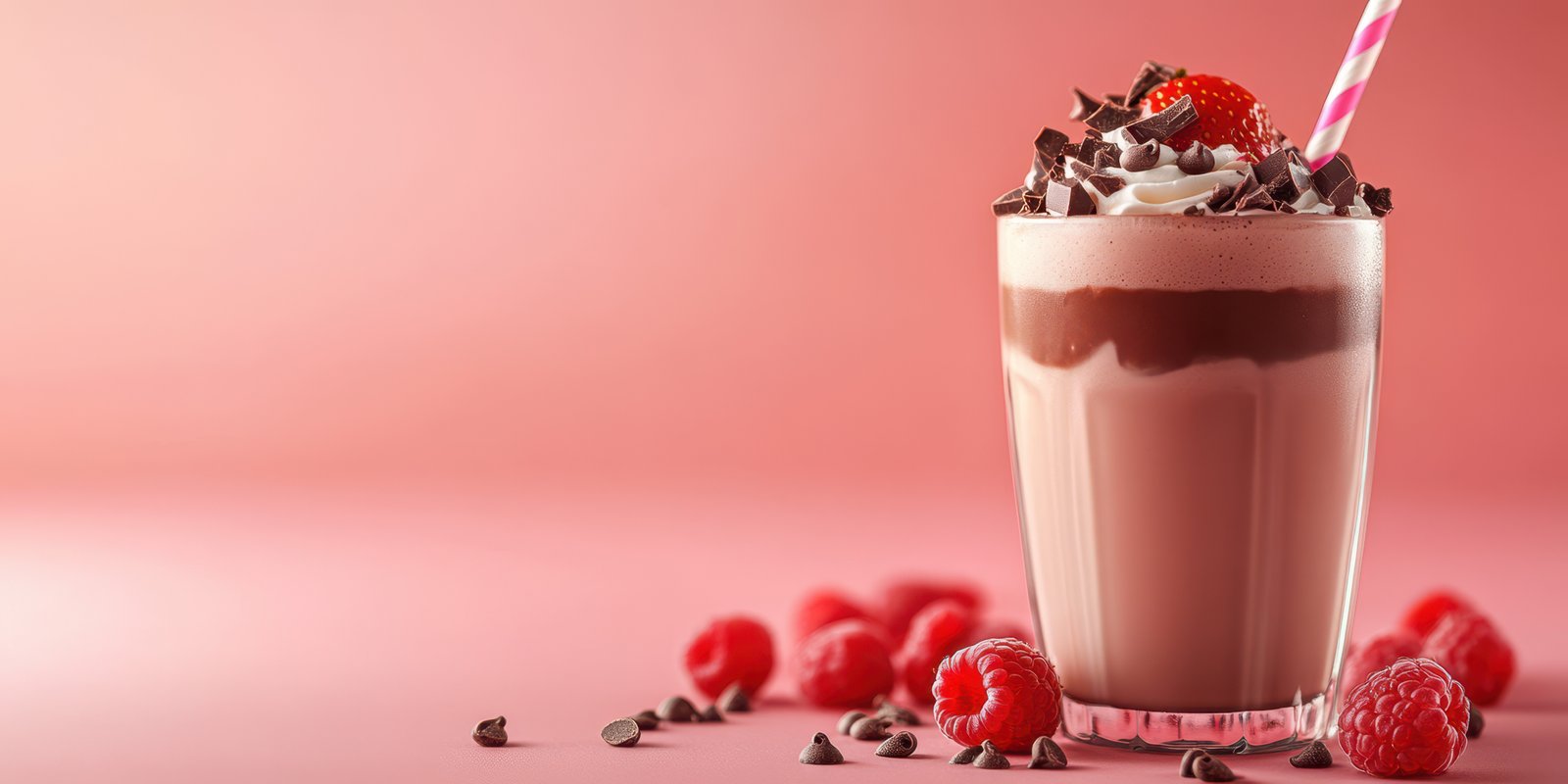 Delicious chocolate milkshake topped with whipped cream, chocolate chips, and fresh raspberries on a pastel background